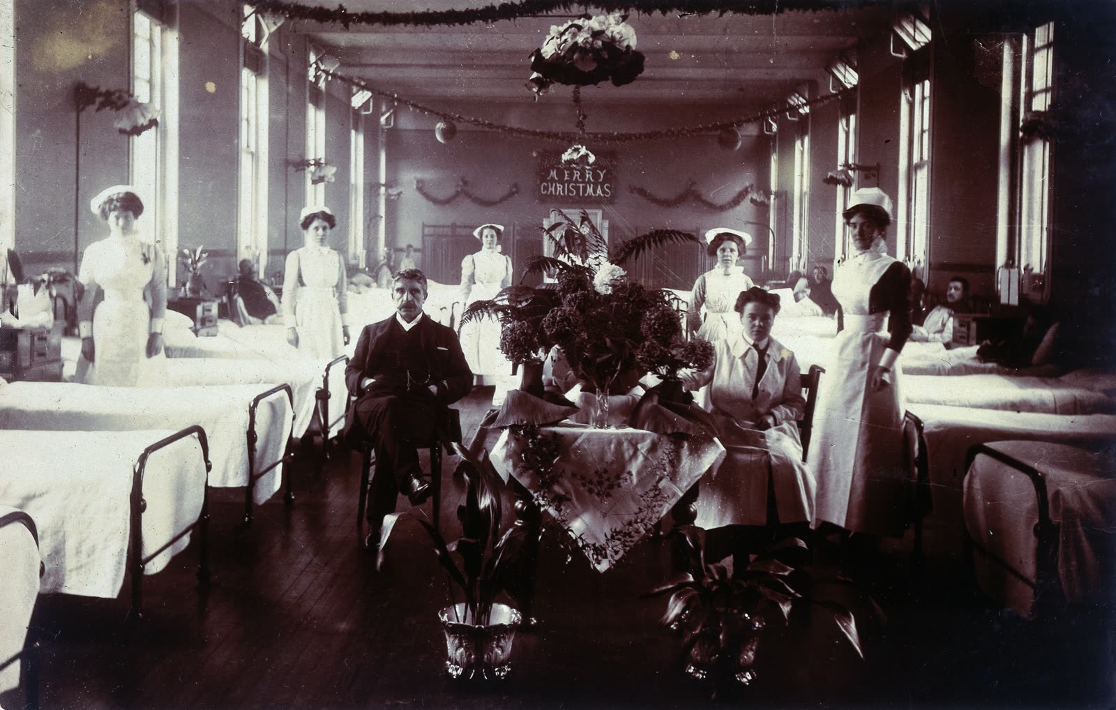 A hospital ward with Christmas decorations. Photographic pos Wellcome L0029042.jpg
